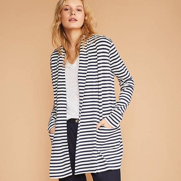 Lou & Grey Sweaters - Navy Striped Conscious Cotton Pocket Open Cardigan